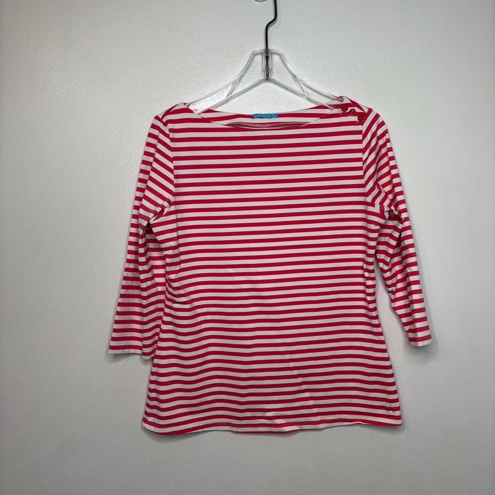 J.McLaughlin Catalina Cloth Pink White Stripe 3/4 Sleeve Boatneck Top Large